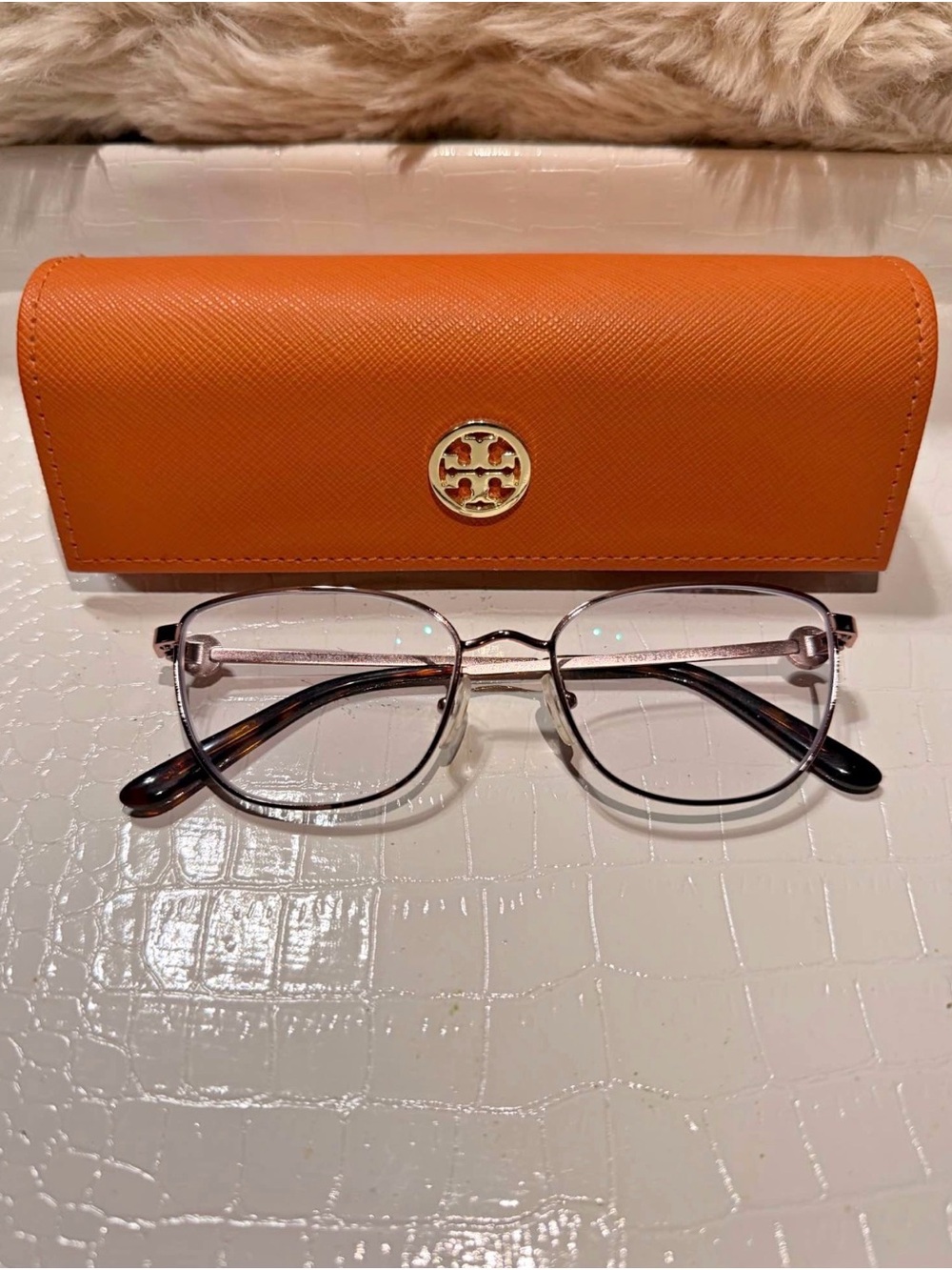 Tory Burch Orange Saffiano Eyeglass Case with Gold Logo
